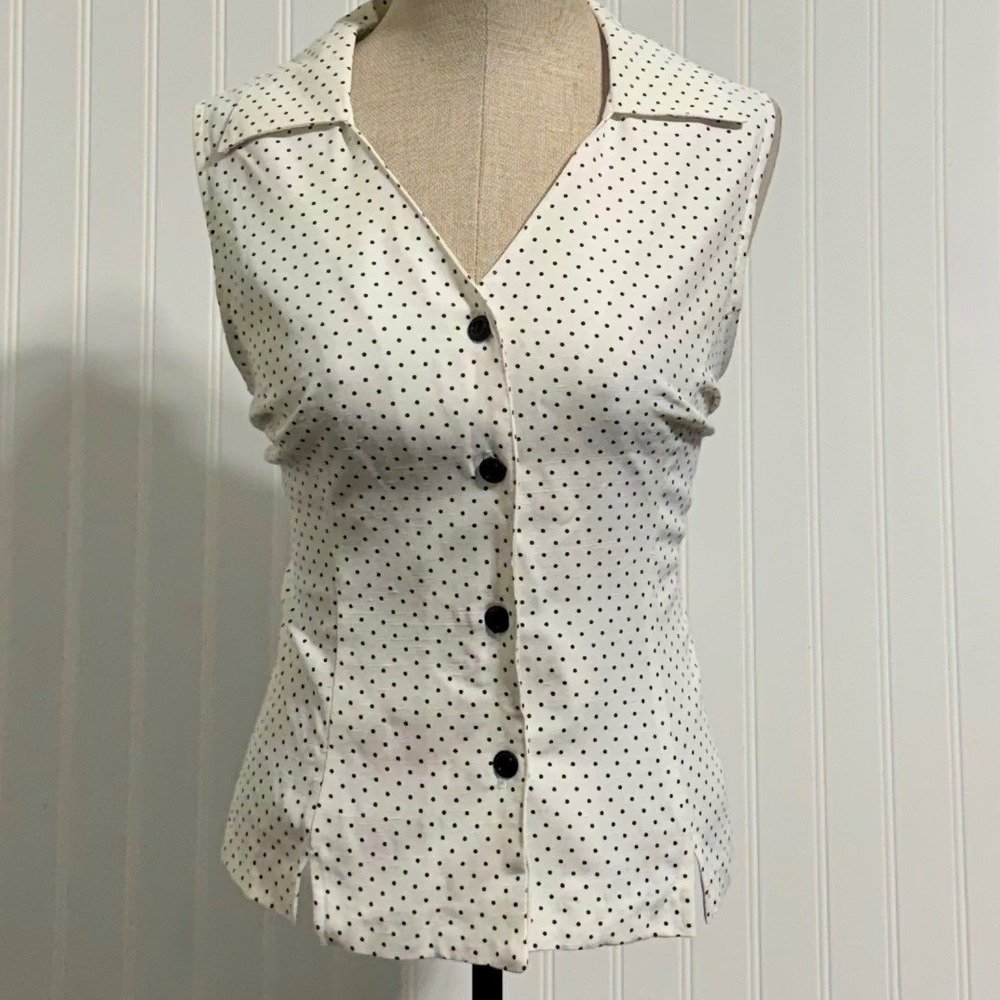 Vintage 90s Y2K Dressbarn Womens L Polka Dot Sleeveless Button Down Top Retro